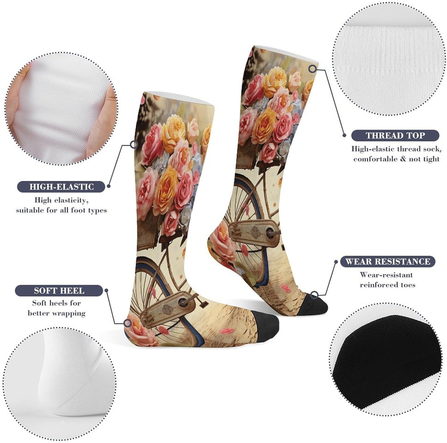 Flower Bicycle Compression Sock Circulation Support Socks Lightweight Knee High Tube Sock Over-The-Calf Sock for Adult