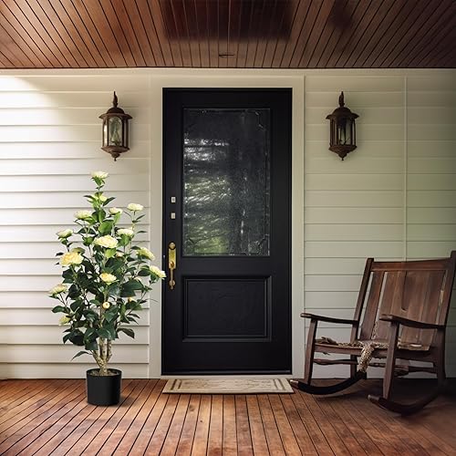 Miniatura 3 de Romantic Season Paquete de 2 árboles artificiales de camelia de 3 pies, color amarillo, planta falsa de camelia en maceta, árbol de camelia de