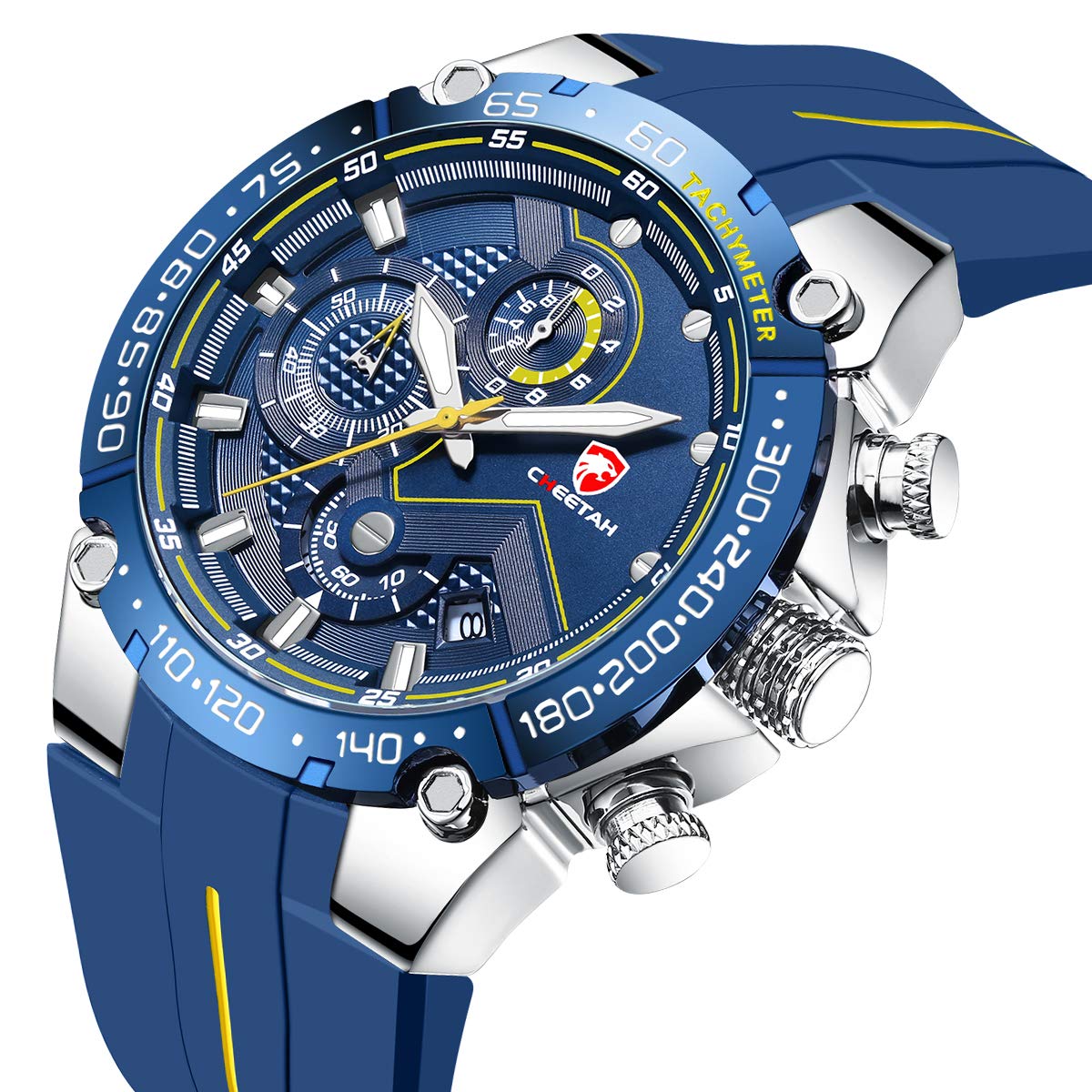 CHEETAH Mens Chronograph Watch Outdoor Waterproof Military Tactical Style Silver Blue Quartz Sports Watches for Men with Rubber Strap