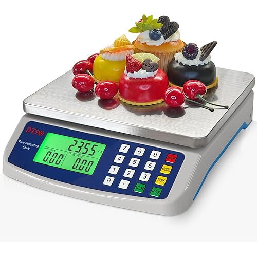 Large Digital Kitchen Scale 40kg/88lb Stainless Steel Price Computing Scale Counting Scale Deli Scale with LCD Display for Baking Bread Cooking Meat Prep Parts and Coins Adapter Included