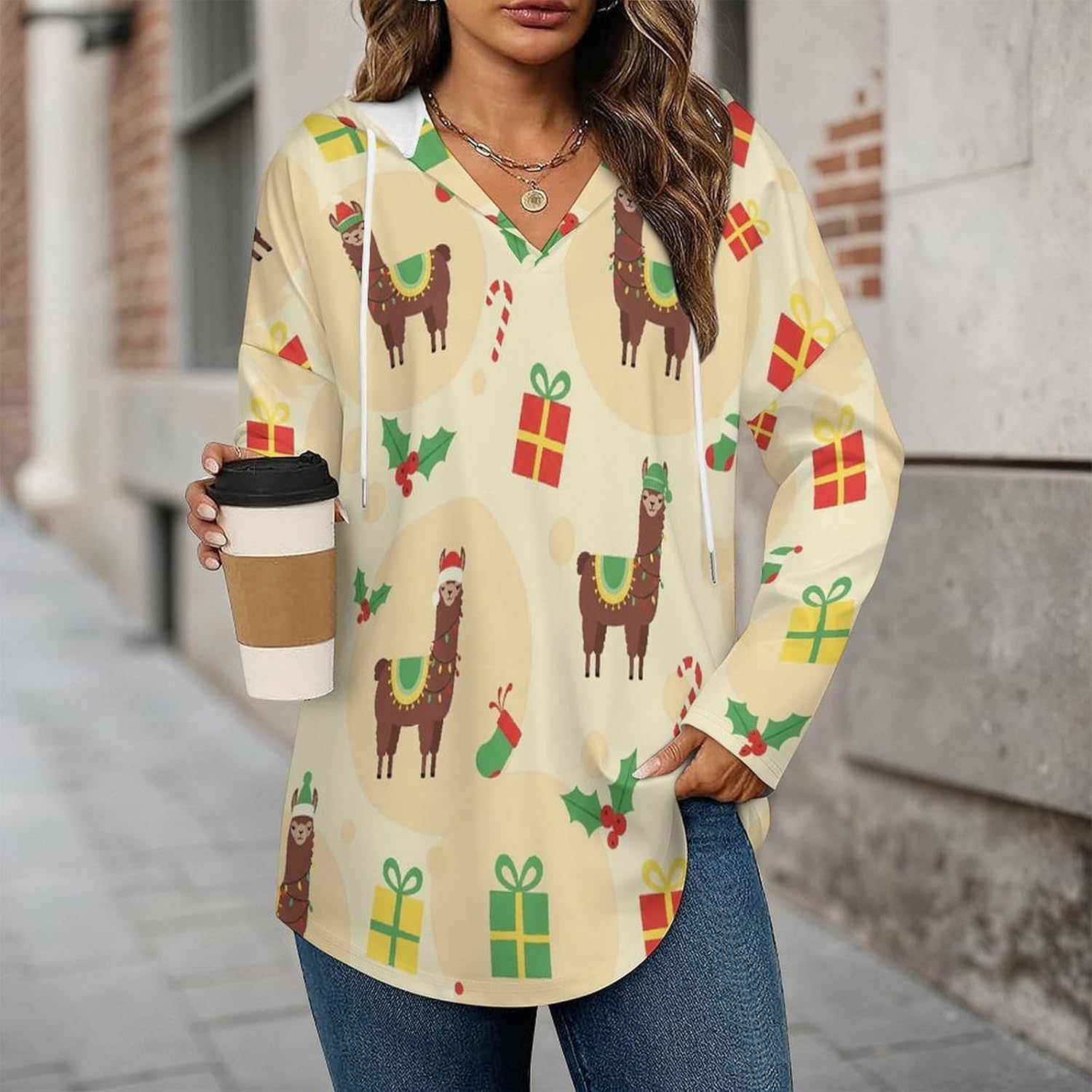 Women's V-Neck Hoodie with Drawstring Long Sleeve Lightweight Pullover, Loose Fit Sweatshirt