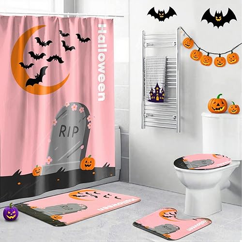 Miniatura 17 de Juego de 4 cortinas de ducha de Halloween, juego de baño de Halloween con cortina de ducha y alfombras, cubierta de tapa de inodoro, cortina de