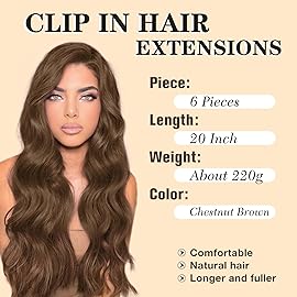 NAYOO Clip in Hair Extensions for Women 20 Inch Long Wavy Curly Chestnut Brown Hairpieces Full Head Synthetic Hair Hairpieces(6PCS,Chestnut Brown)