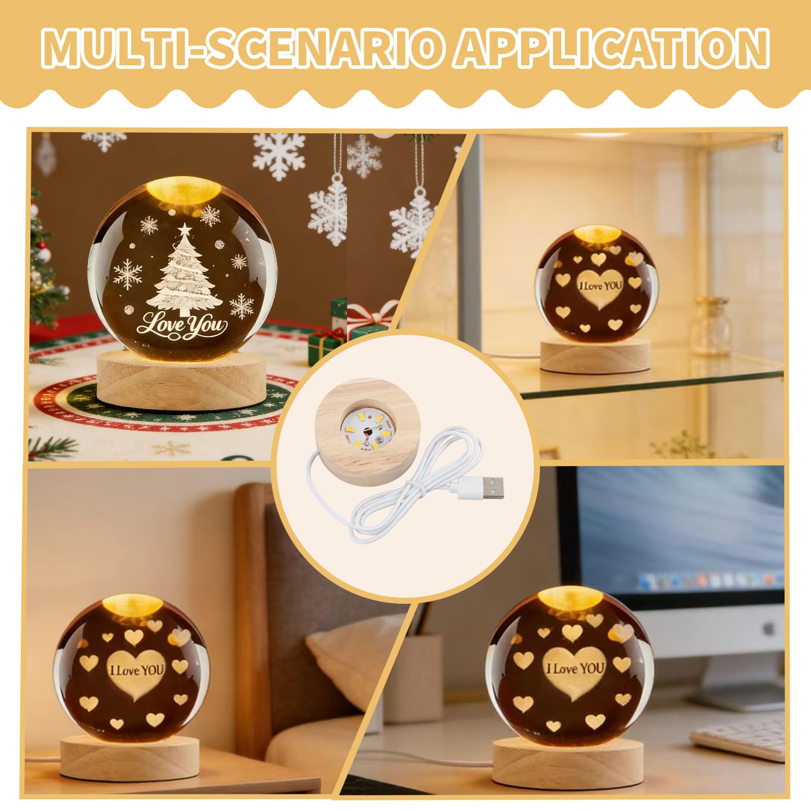 2 x Base luminosa a LED in legno, base luminosa a LED, rotonda, in legno, con USB, base di luce a LED per cristallo, vetro e resina, mini espositore luminoso per decorazione