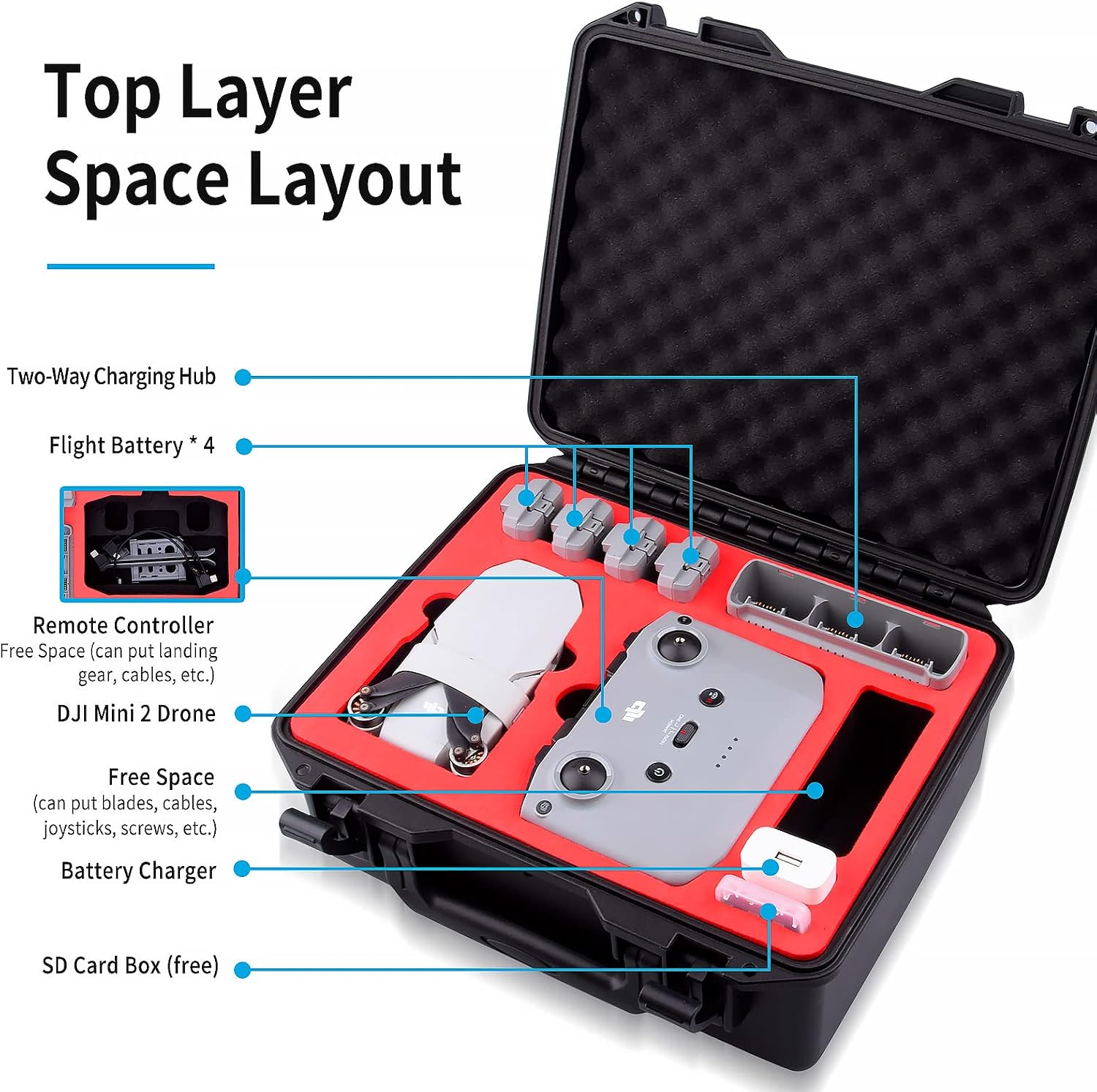 FPVtosky Double Layer DJI Mini 2 Case, DJI Mini 2 SE Case, Waterproof Mavic Mini 2 Case Hard Carrying Case for DJI Mini 2 / Mini 2 SE Drone & DJI Mini 2 Accessories[CASE ONLY]