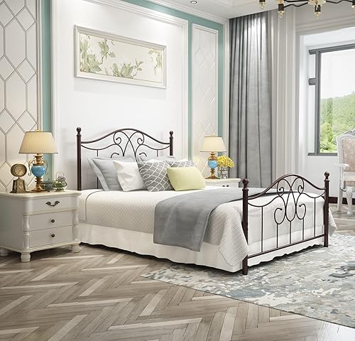 Miniatura 19 de Base de cama de metal Queen con cabecera y estribo, plataforma de granja, marco de cama tamaño Queen para debajo de la cama, no necesita somier y