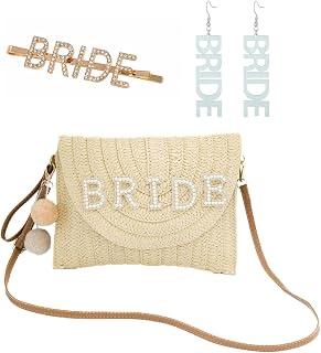 FABMODE Bride Straw Bag Clutch Woven Envelope Purse Summer Beach Handbag Honeymoon Wedding Day Bachelorette Party Bridal Shower Bride to be Gifts (Beige)
