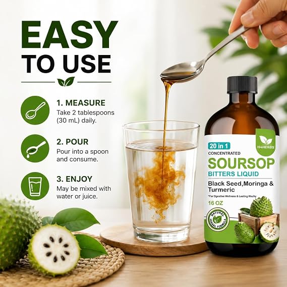 Soursop Bitters Liquid 16 fl oz Pack of 2 - Traditional Herbal Bitters Formula with Black Seed, Moringa & Turmeric, Botanical Wellness Formula, Soursop Juice Inspired Herbal Drink