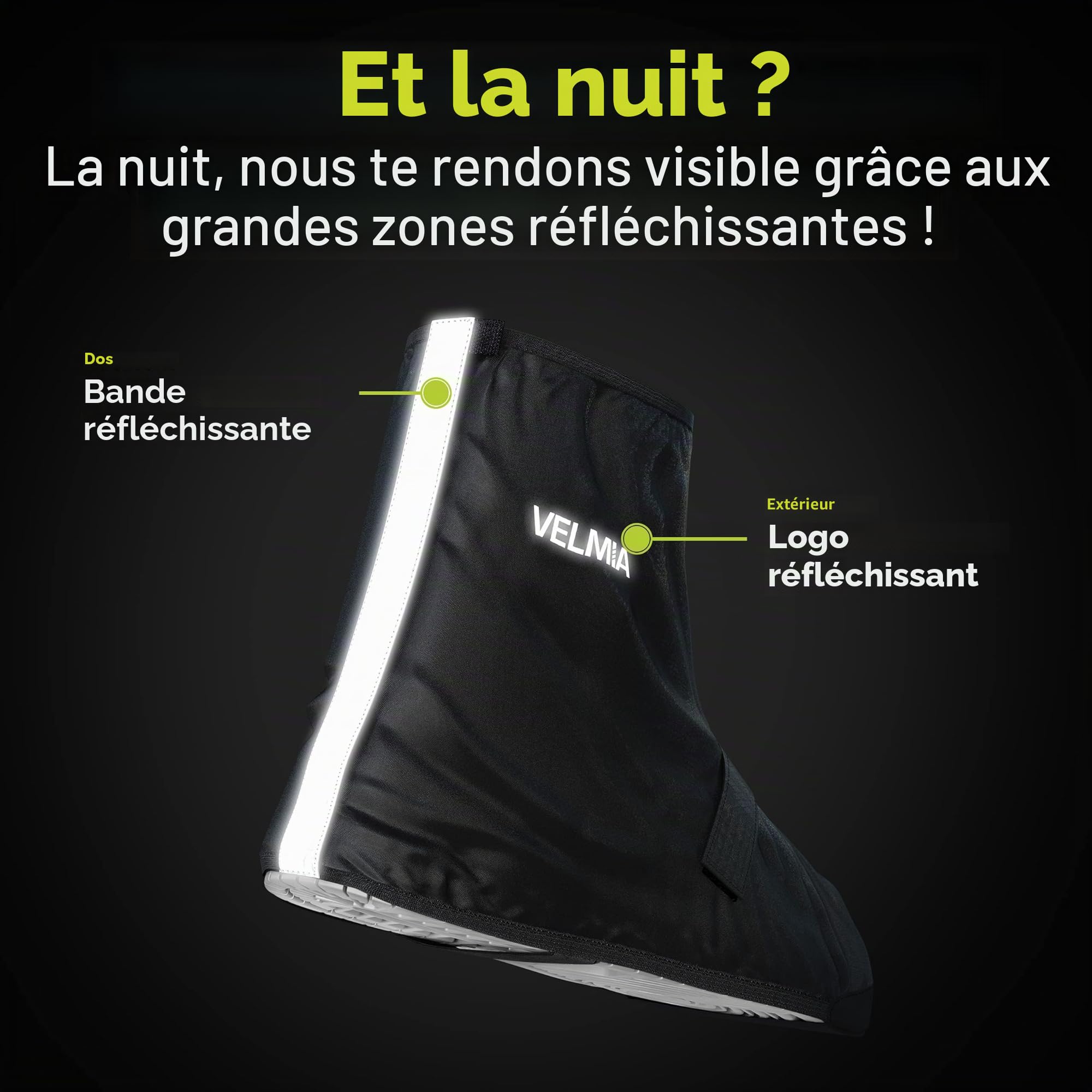 VELMIA Protection contre la pluie pour chaussures de vélo avec matériau réfléchissant et pointe renforcée | Couvre-chaussures imperméables noir pour vélo