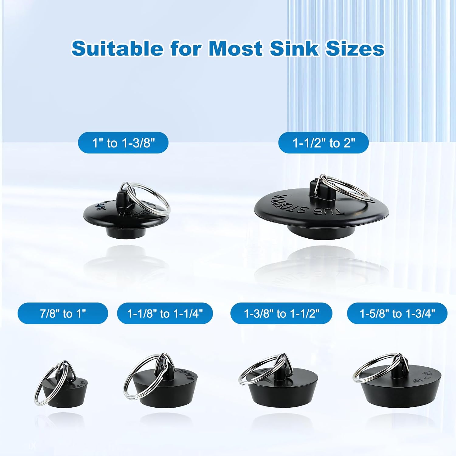 Hibbent 6 Pieces Drain Stopper, Rubber Kitchen Sink Stopper Drain Plug with Pull Ring for Kitchen, Bathtub, Bathroom and Laundry Sink in 6 Different Sizes, Black