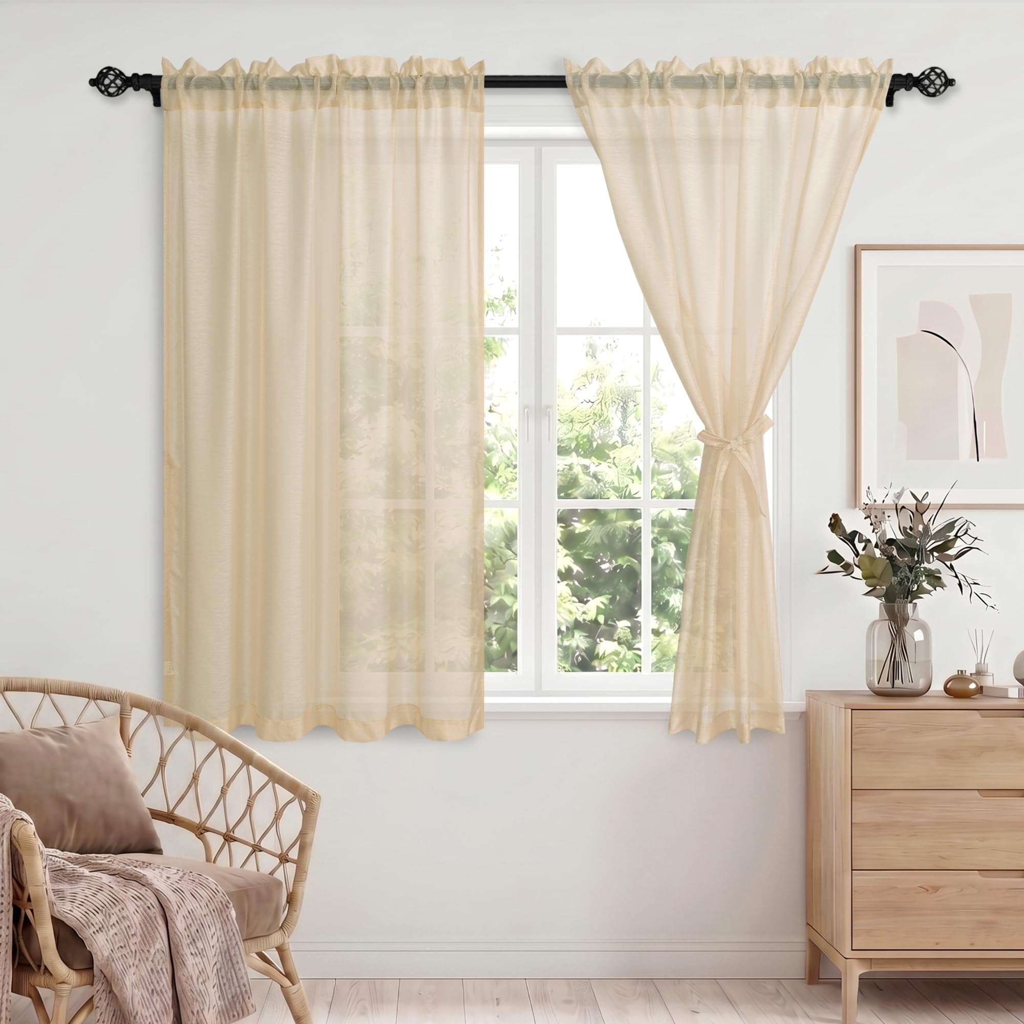 DWCN Beige Net Curtains for Windows 54 Drop Semi Transparent Voile Curtain with Tiebacks Rod Pocket Sheer Curtains Light Filtering Home Curtain for Living Room Bedroom Kitchen,W46xL54 Inch,2 Panels