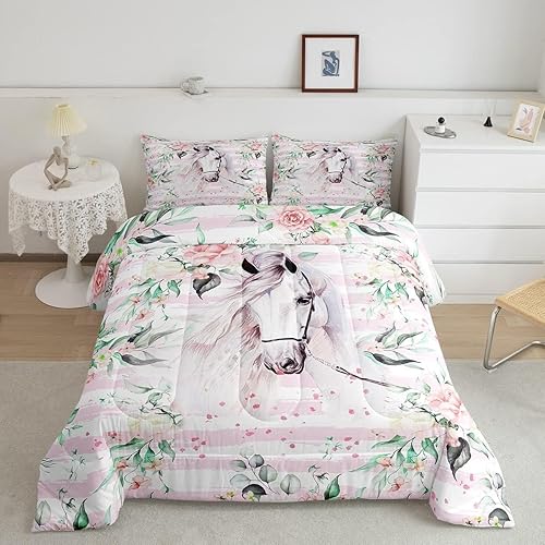 Juego de edredón de caballo, juego de ropa de cama matrimonial para niños, niñas, adolescentes, lindo juego de edredón de animales de dibujos