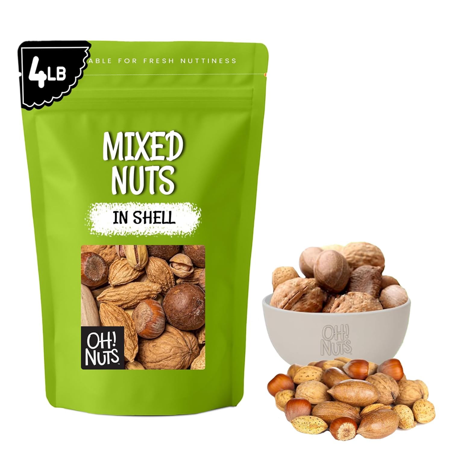 Oh! Nuts Mixed Nuts in Shell - Raw - 100% Natural - 4 lb - Jumbo-Sized Premium Shelled Nuts - Packed in New York Zip-Seal Bag for Exceptional Freshness