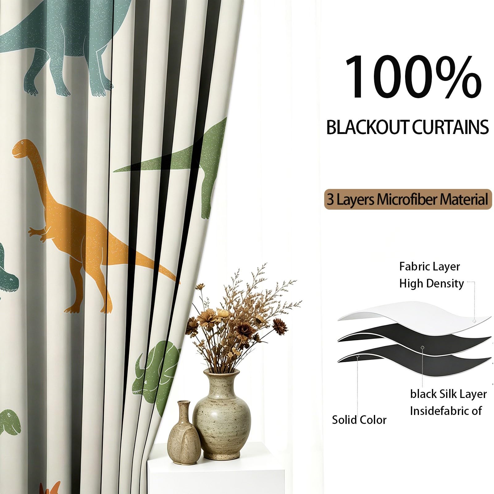 Rideaux Occultant 110L X 215H cm Lot de 2 avec Oeillets, Beige Rideau Salon Chambre Cuisine Dessin Animé Drôle Animal Dinosaure Rideau Thermique Isolant Anti Froid et Chaleur pour Garçon et Fille