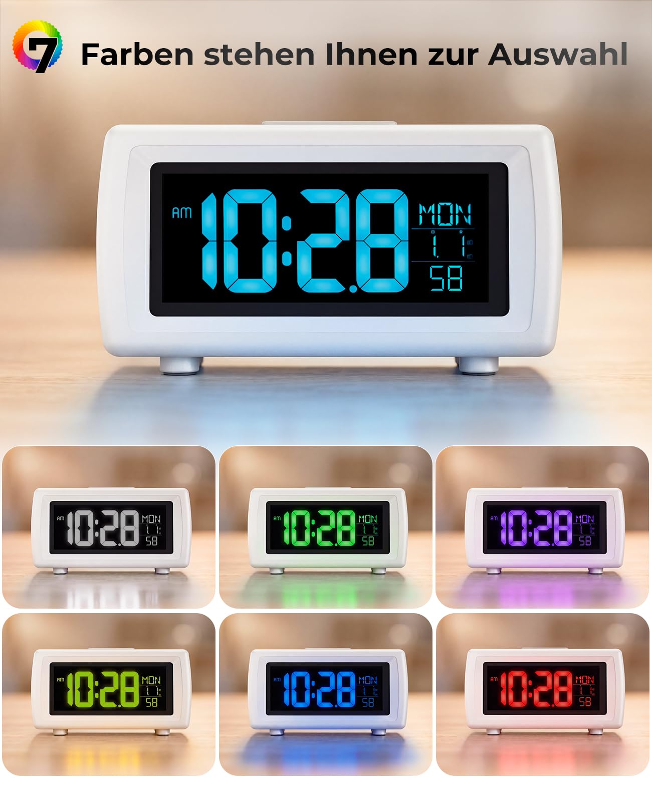 Digitaler Radiowecker, Wecker Radio mit 7-farbige Ziffernanzeige, Einstellbarer Helligkeit und Weckton, Für Tiefschläfer, Sleep Timer & Schlummerfunktion (Schwarz)
