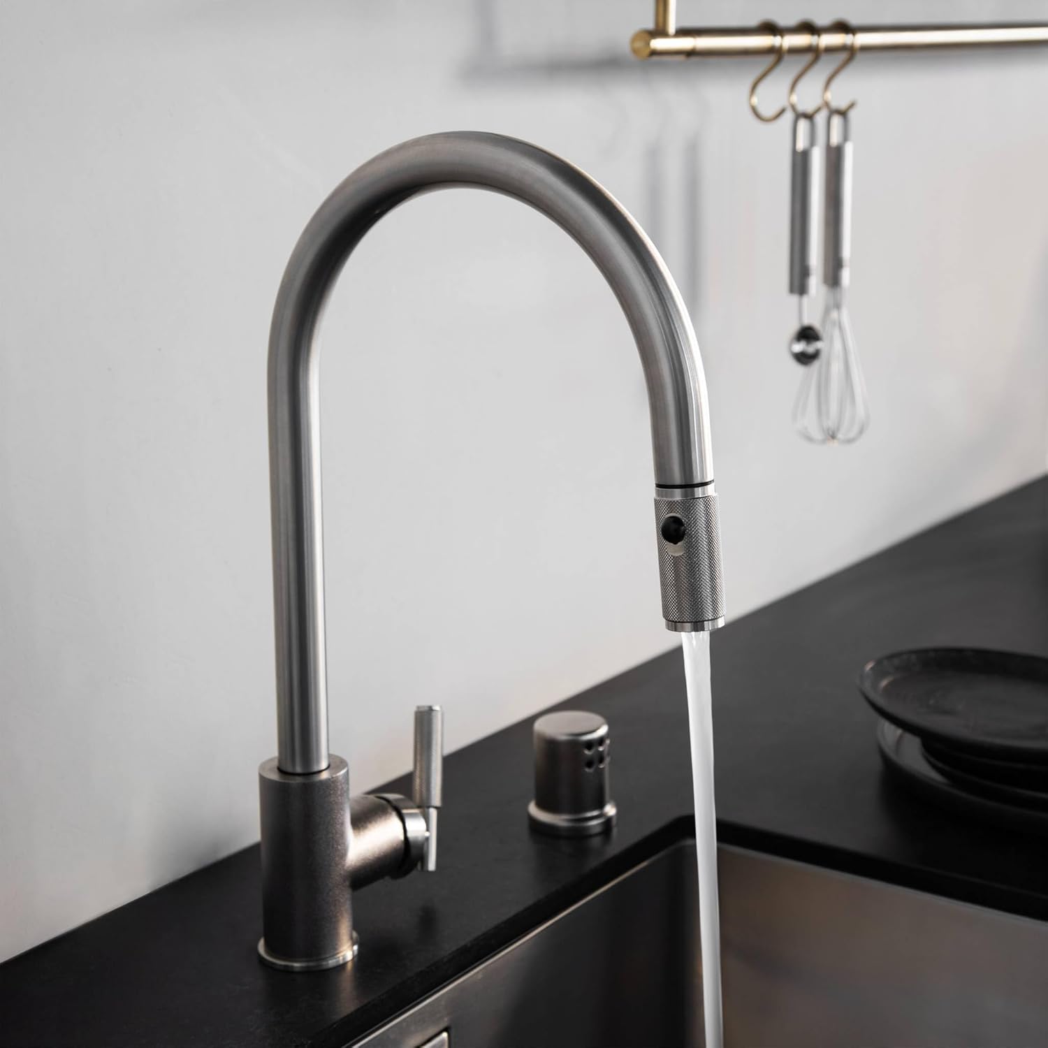 Buster and Punch Kitchen Faucet Pull-Out with Dual Spray Linear Knurl Gun Metal Solid Metal