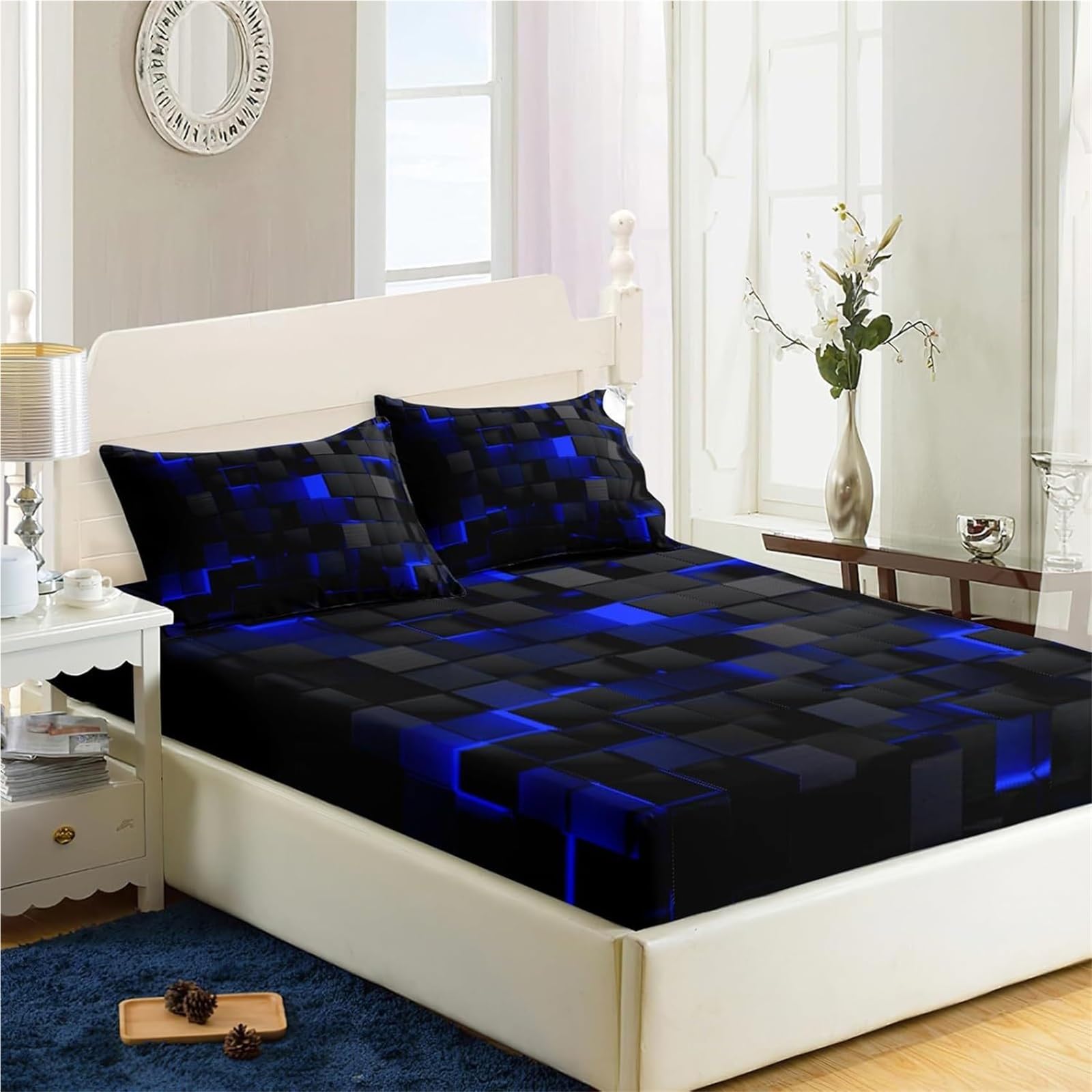 3D Abstract Geometric Bed Sheets Set, Twin Queen Size Super Soft Microfiber Teen Bedding, 10" Deep Pocket Fitted Sheet, Flat Sheet, Breathable Room Decor (NO Pillowcases)(Rojo,152x203x25cm)