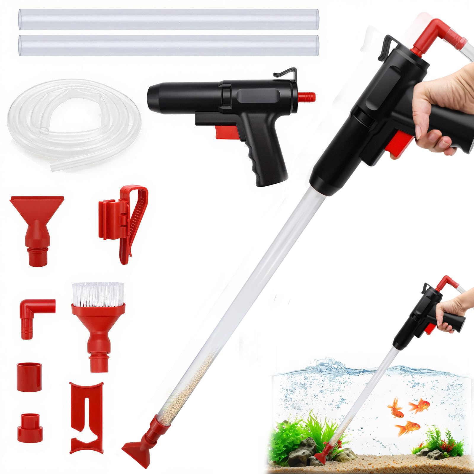 Mulmsauger Aquarium Handbetriebener, 4 in 1 Aquarium Reinigungsset, Nano Mulmsauger mit Schlauchklemme, für Wasserfilterung, Sandreinigung, Algenkratzen und Kotabsorbieren