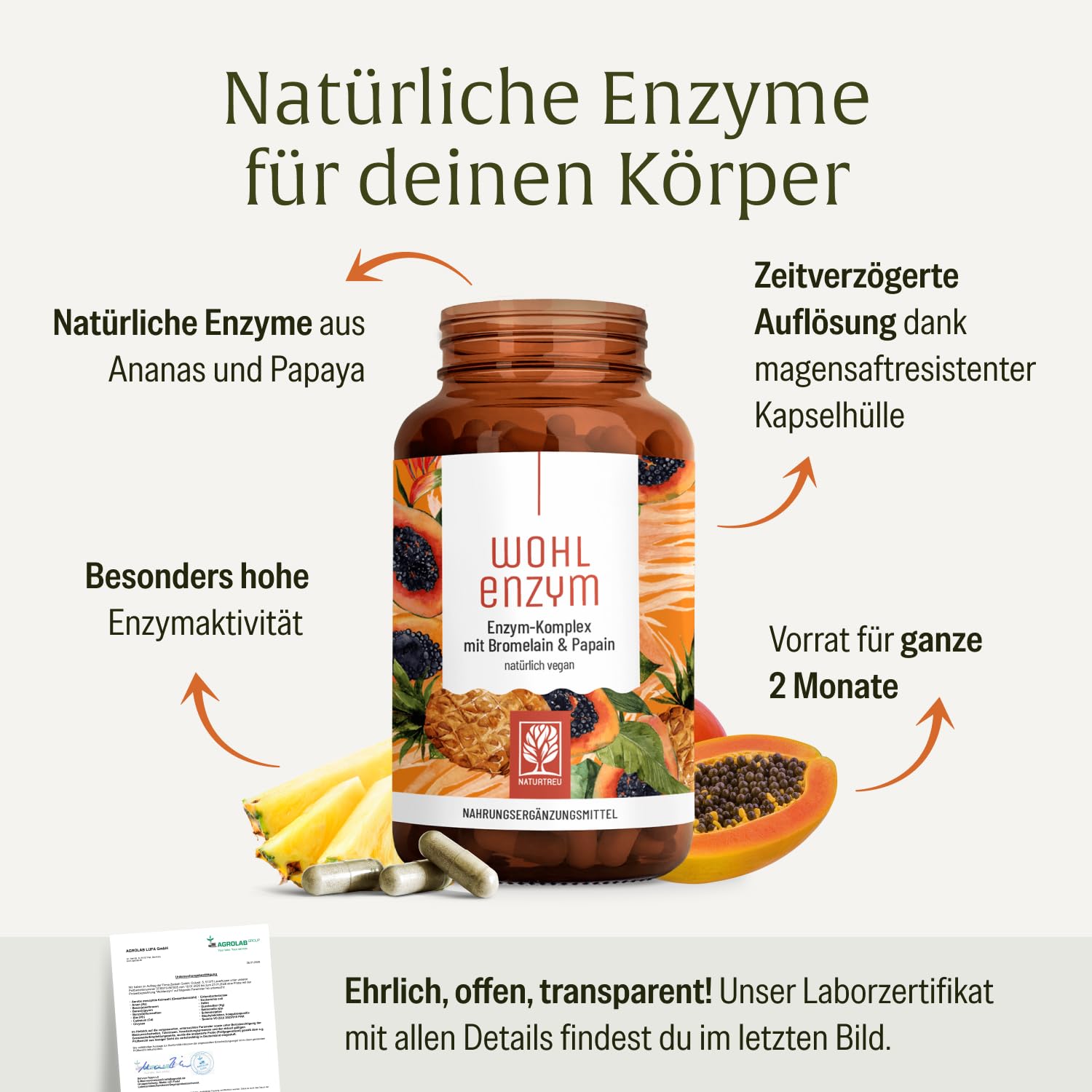 NATURTREU® Enzym Komplex mit 801mg Bromelain (5000 F.I.P), Papain, Rutin und Selen - Ananas & Papaya Enzym vegan - Immunsystem* Unterstützung - Magensaftresistente Kapseln