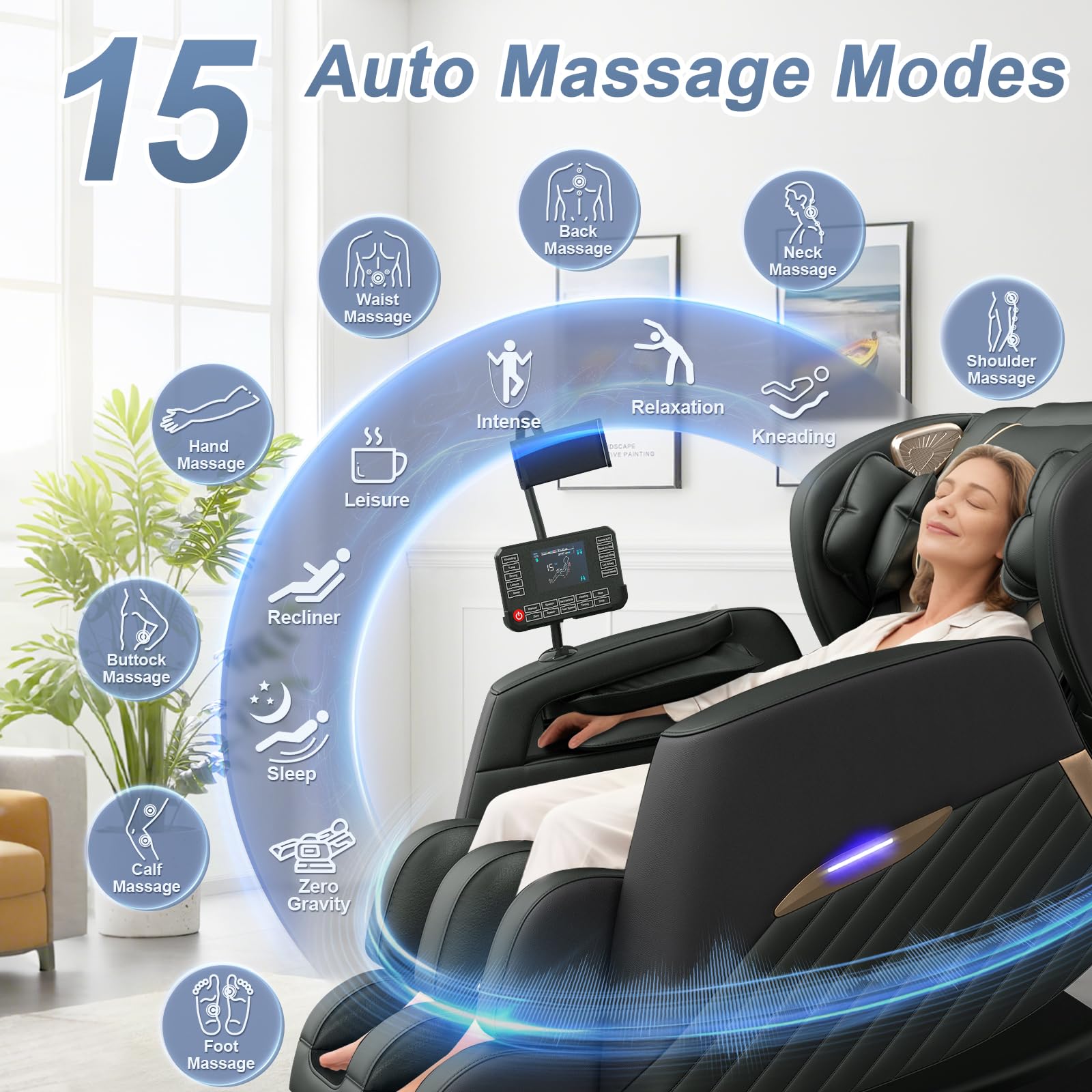 Sillón de Masaje de Cuerpo Completo, Modo Gravedad Cero, con 16 Puntos de Masaje y 8 airbags, calefacción Lumbar, Rodillo para pantorrillas y Masaje con airbags, Altavoz Bluetooth