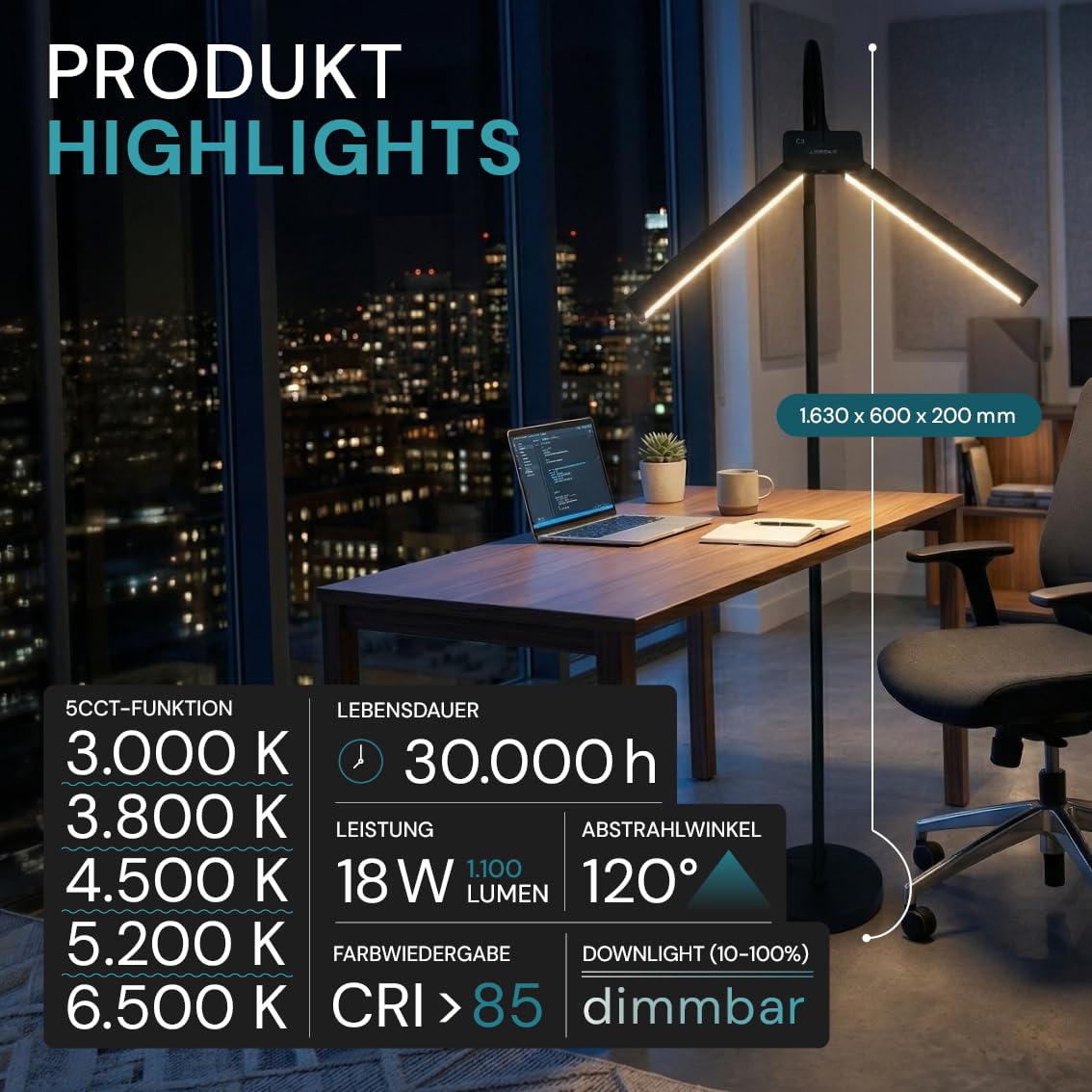 LUXULA LED Stehlampe Schreibtischlampe Doppelkopf Schwarz - Monitor Lampe dimmbar 10 Stufen mit Sensor und Fernbedienung, 5 Farbtemperaturen 3000K-6500K, 18W 1100lm, verstellbar für Büro Homeoffice