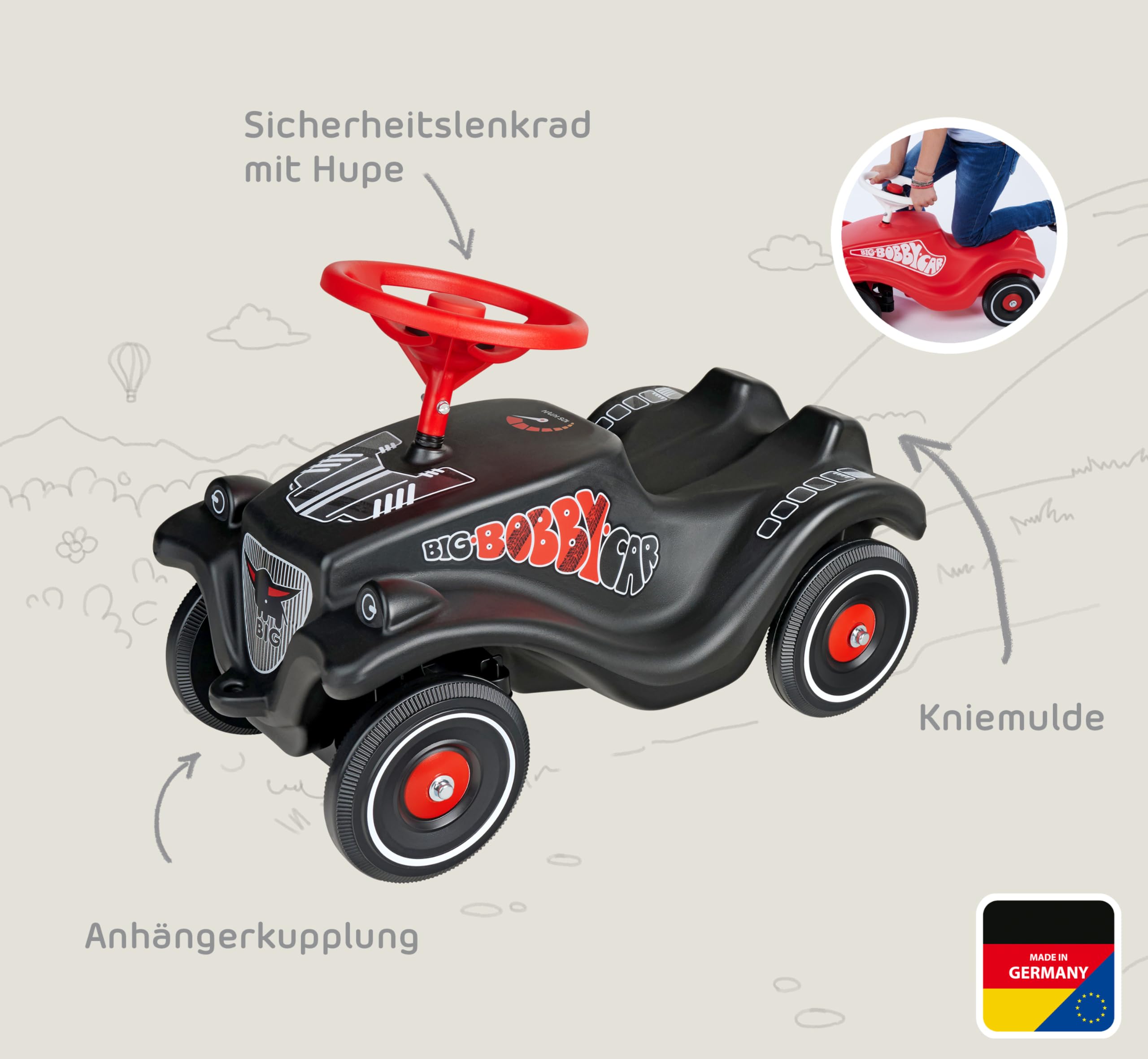 Big Bobby Car Classic GT - Coche Antideslizante con diseño de Carreras, Volante de Seguridad con claxon, Cuerpo ergonómico, Enganche de Remolque, vehículo Infantil, Color Negro y Rojo, a Partir de 12