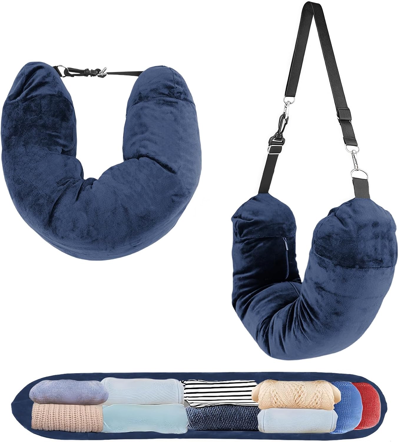 OIHCAZ Stuffable Travel Pillow, Fillable Neck Pillow for Travel with Adjustable Straps, Portable Soft Airplane Pillows Stuffable with Clothes for Essentials Extra Luggage, Travel Essentials (Blue)