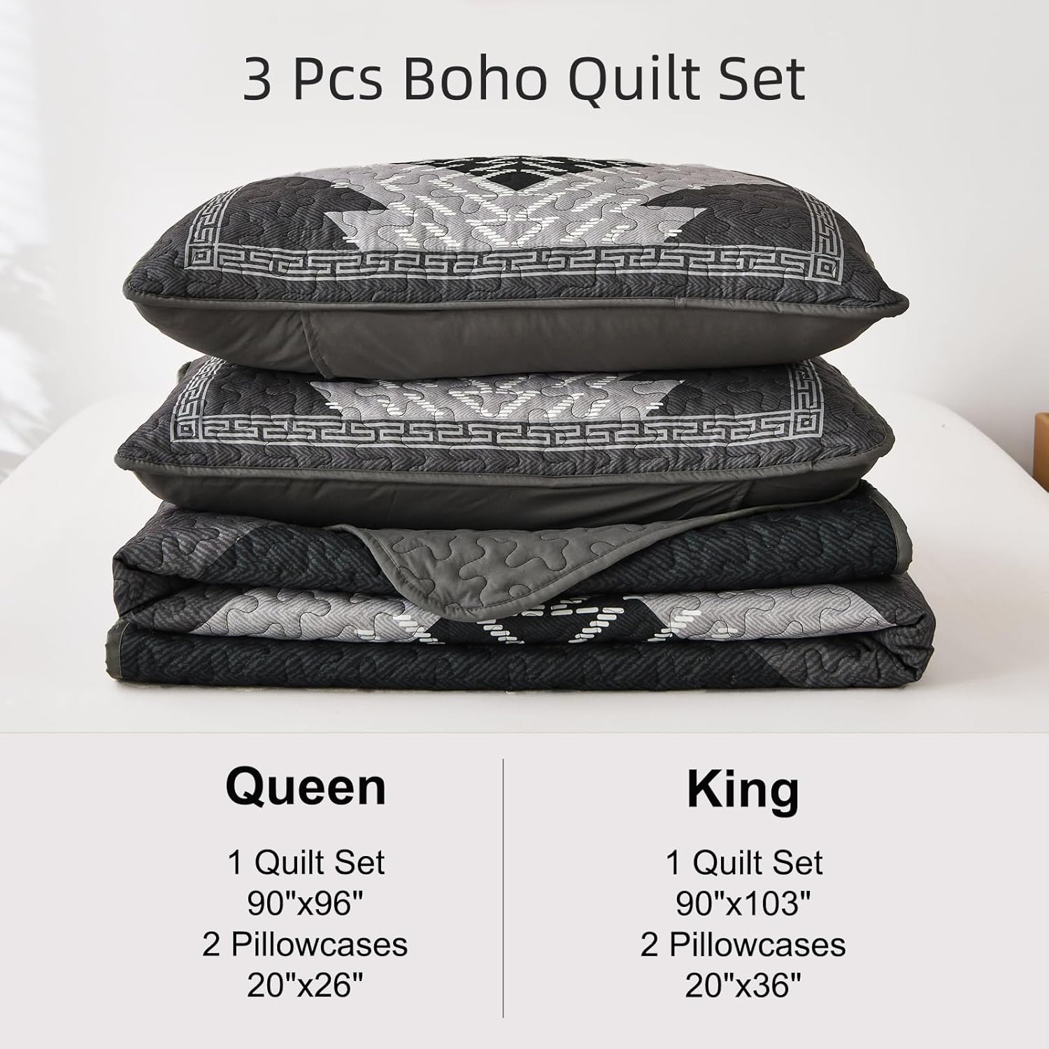 Dintszyayue Boho Quilt Set King Size 3 Pieces Black Grey Aztec Texture Bedspread Coverlet Set Bohemian Quilt Bedding Set Microfiber Lightweight Bed Cover for All Seasons 90"×103" - Image 7