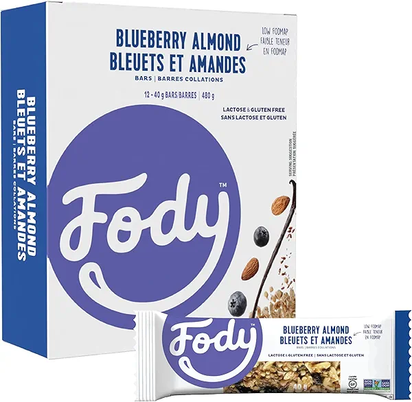 Fody Foods Snack Bars, Blueberry Almond, 1.41 Oz (Pack of 12), 3g Protein, Low FODMAP, Gut & IBS Friendly, Vegan, Lactose Free, Non-GMO, Gluten Free