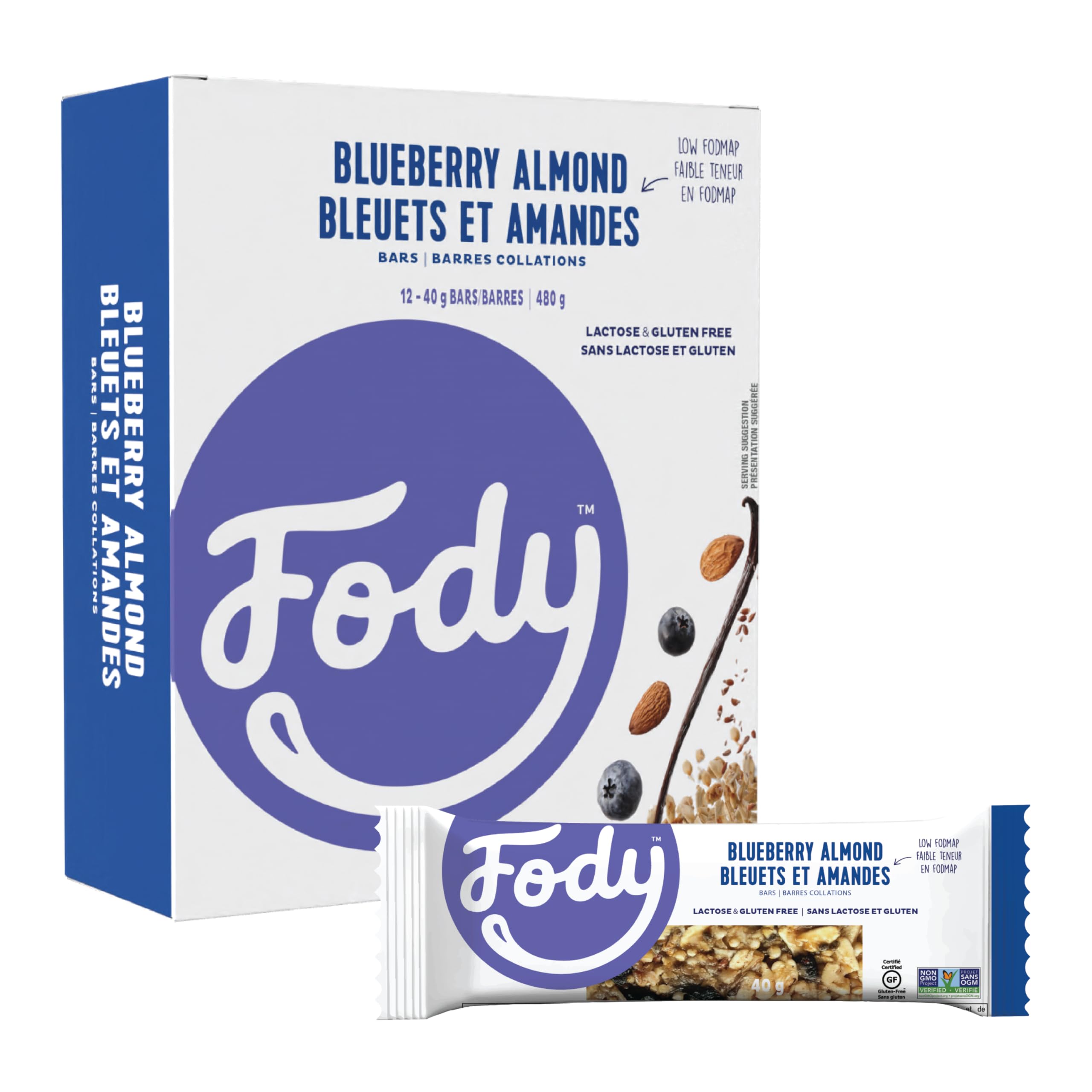 FodyFoods Snack Bars, Blueberry Almond, 1.41 Oz (Pack of 12), 3g Protein, Low FODMAP, Gut & IBS Friendly, Vegan, Lactose Free, Non-GMO, Gluten Free