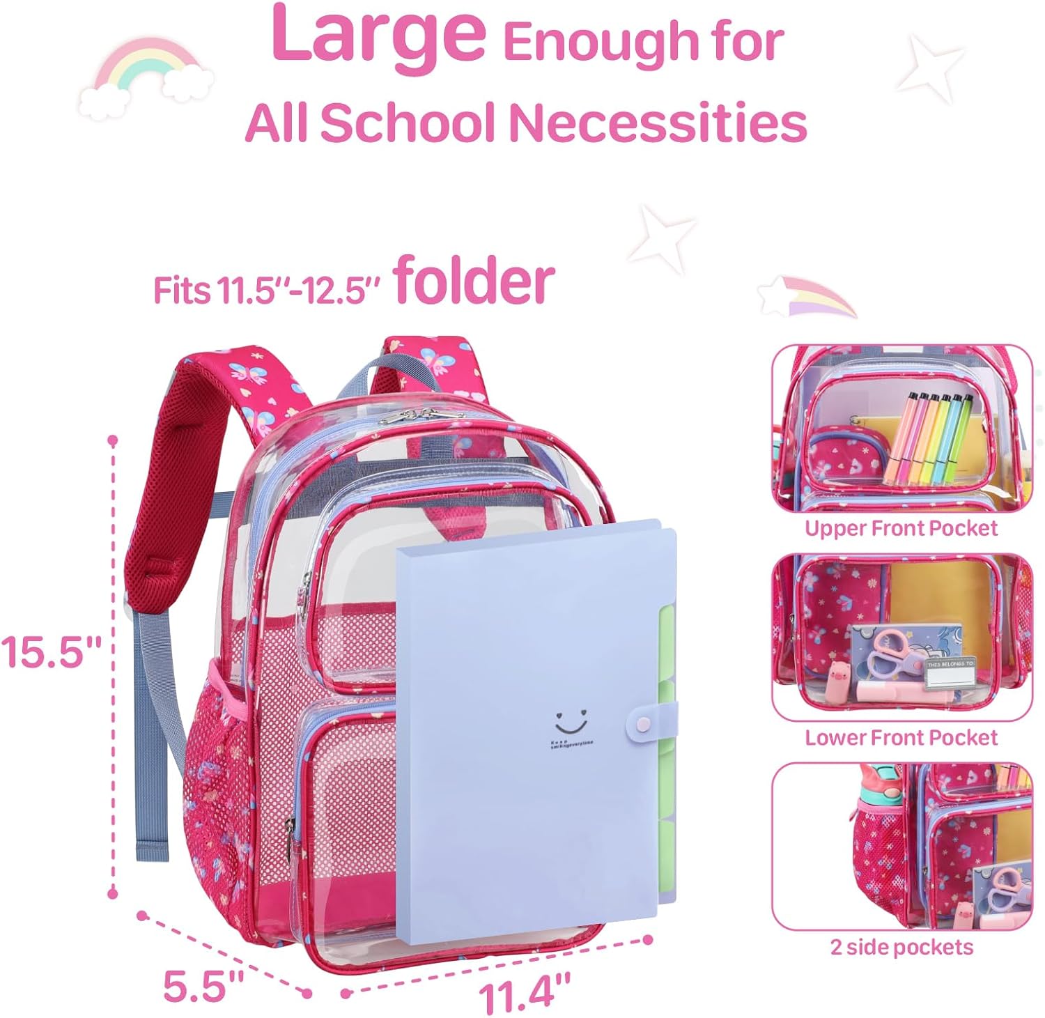 Bagseri Clear Backpack for Girls - 15 Inch Heavy Duty Kids Clear Bookbag for Kindergarten to Grade 2, Transparent School Bag with Reflective Strip, Fits Folders, Rose Pink Butterfly - Image 3
