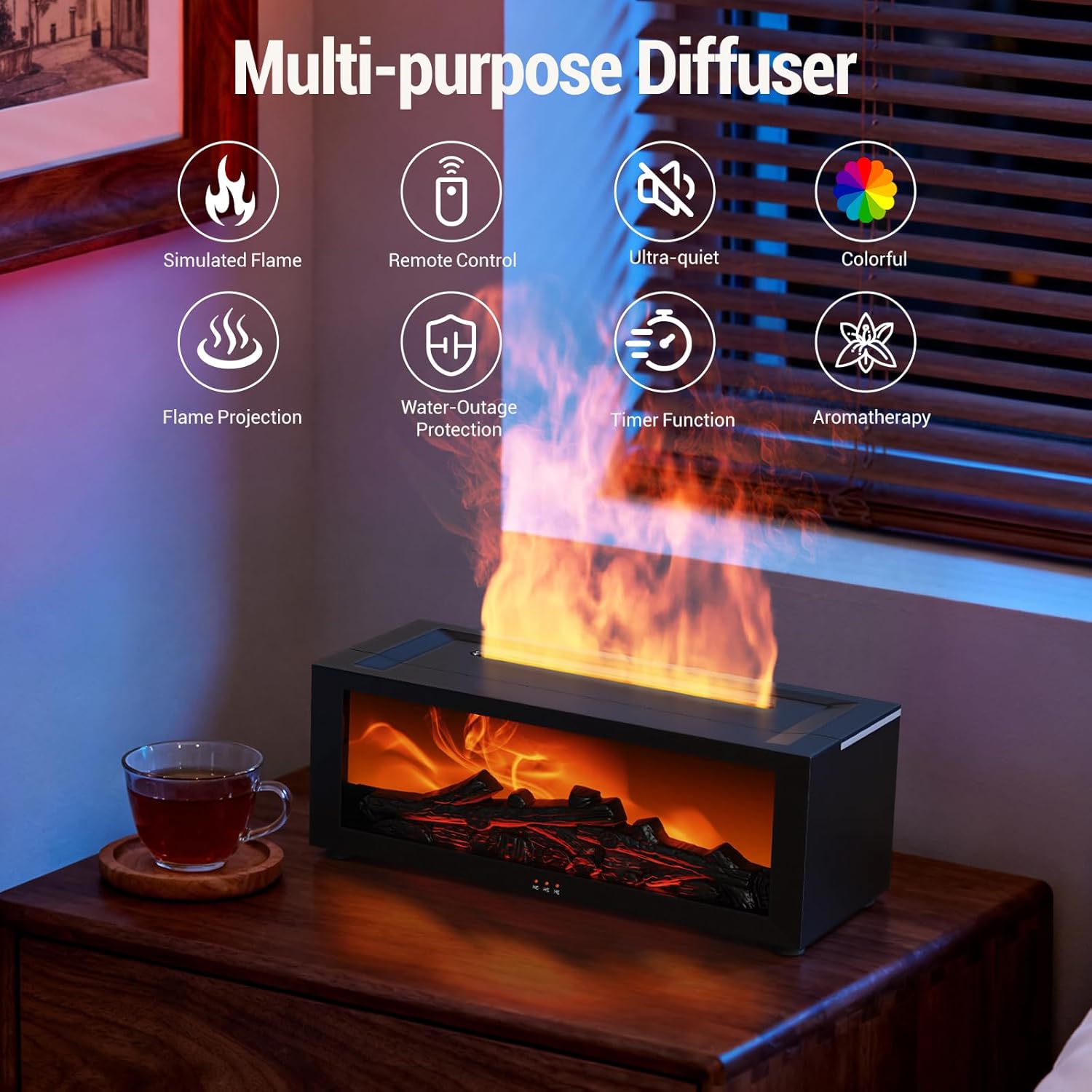 Fireplace Humidifier & Essential Oil Diffuser with Remote Control, 150ml Ultrasonic Aroma Diffuser, Realistic Flame Effect, 7-Color LED Night Light, Timer & Auto Shut-Off, for Bedroom/Home (Black)