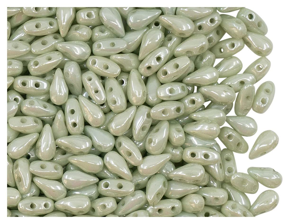 600pcs DropDuo Beads 3x6mm Two Holes, Czech Glass, Chalk White Mint Luster