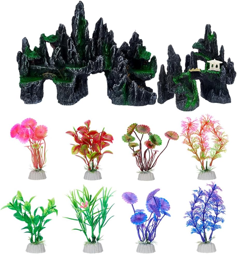 2Pcs Large Fish Tank Decorations, Aquarium Ornament Rock Cave Landscape with 8pc Aquarium Plastic Plants Artificial Mountain Hill View Stone with Moss for Gold Fish Betta Cichlids