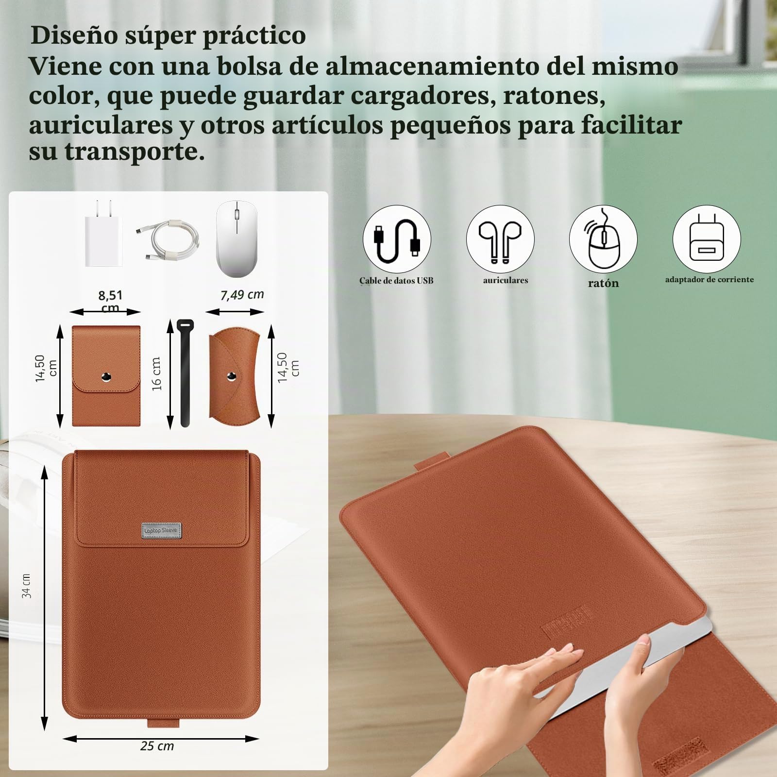 13-14 Pulgada Funda para Portátil Compatible con MacBook Air 13"/Pro 14" (M5 Pro MAX 2026/M4/M3/M2/M1), PU Funda Resistente Protectora Soporte Ratón Alfombrilla Cuero Portátil - Marrón