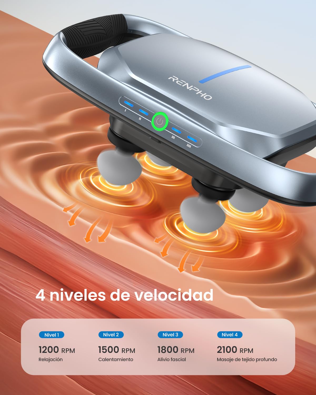 RENPHO Pistola de masaje de 4 cabezales de tejido profundo con 4 niveles, herramienta de masaje eléctrica con cabezal de masaje reemplazable para piernas, brazos, cintura, espalda, alivio del dolor
