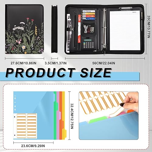 Vista 63 de Eshow Organizador de cartera, carpeta de 3 anillos con cremallera, carpeta de cuero vegano con bloc de notas, incluye 10 protectores de hojas Negro