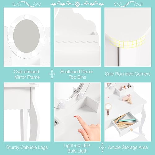 Miniatura 3 de Spirich Vanidad para niños, juego de tocador para niñas con espejo, taburete y luces, juego de mesa y silla de tocador para niños, mesa de tocador