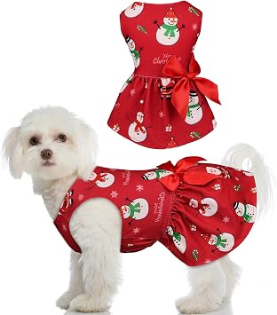 Dog Christmas Dress Dog Christmas Costumes Girl Snowman Stretchy Pet Dress Funny Pet Costumes Puppy Clothes with Bowtie Outfit for Small Dogs Cats PuppyL