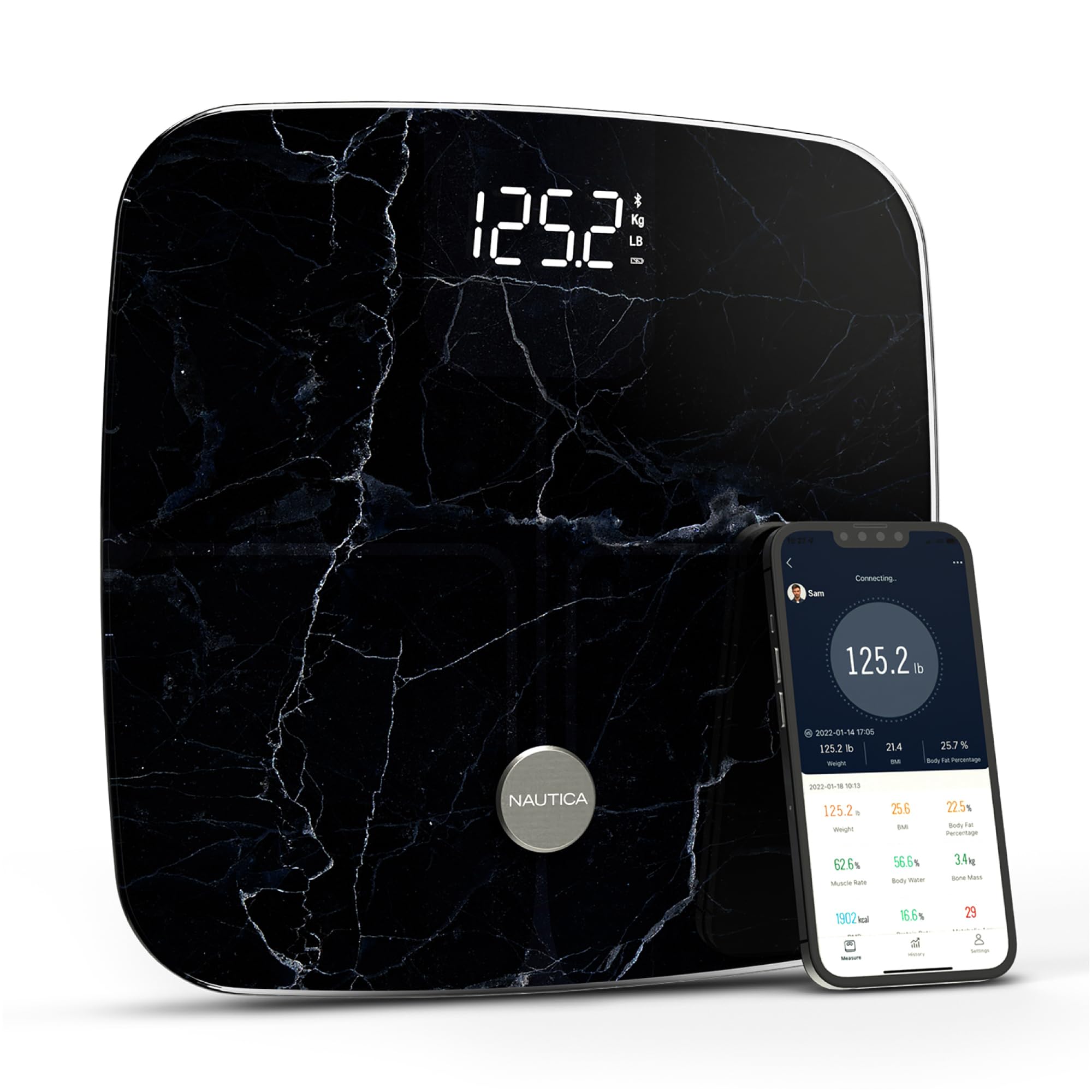 NAUTICA Smart Scale Plus ITO Technology, bilancia per grasso corporeo con display digitale a LED, analizzatore di tutto il corpo, tracker digitale, Bluetooth Wi-Fi