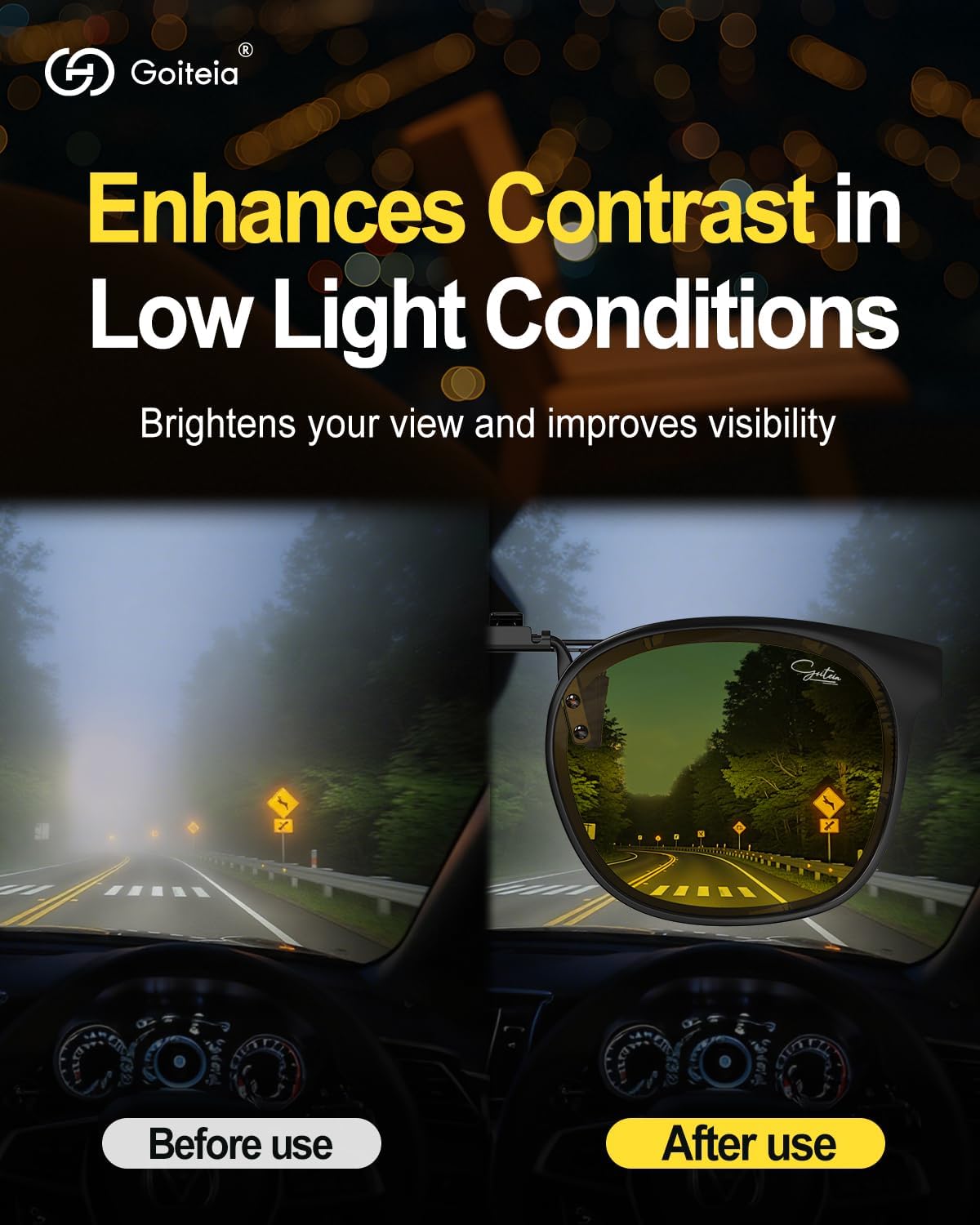 Goiteia Oversized Night Driving Glasses Clip on For Driving-Polarized Anti Glare From Headlights,Framed To Conceal Glasses