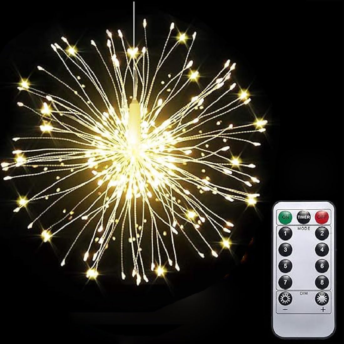 GUSHE Twinkle Starburst Fairy Lights for Christmas - 120 LED Waterproof Hanging Firework Ball Lights with Remote (Warm Light, Solar)