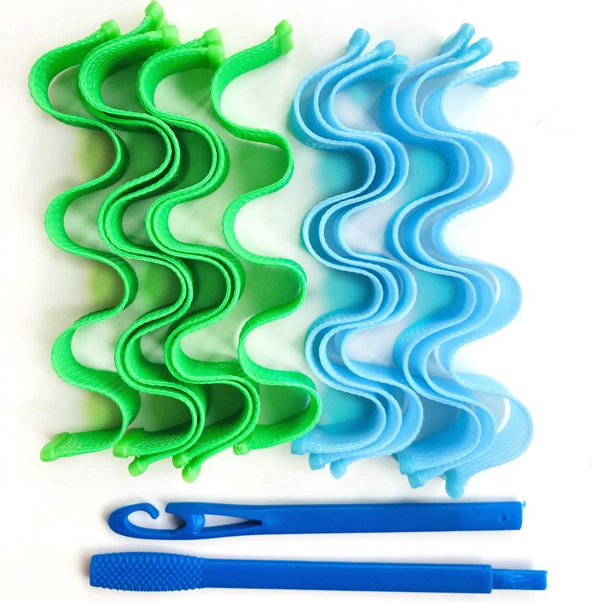 Magic Long Hair Curlers Curl Formers Spiral Rollers Styling Tool Magic Curlers with Hook Heatless Wave Formers Magic DIY Hair Curler (Green & blue)