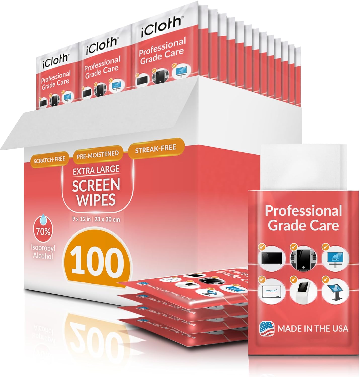 iCloth XL Screen Cleaning Wipes, Lint-Free and Streak-Free, Fast-Drying, Removes Dust, Fingerprints, and Smudges (100 XL Wipes)