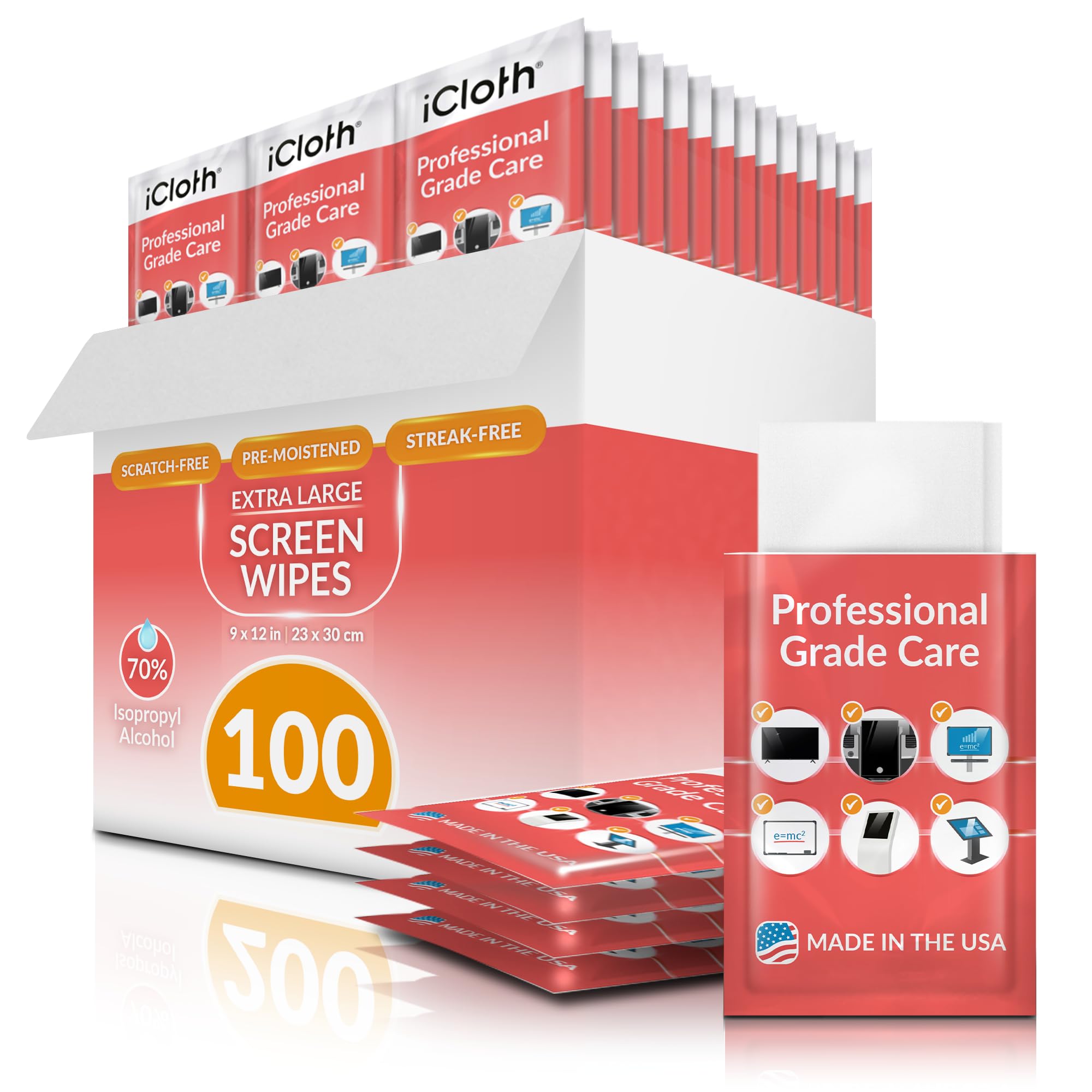 iCloth XL Screen Cleaning Wipes, Lint-Free and Streak-Free, Fast-Drying, Removes Dust, Fingerprints, and Smudges (100 XL Wipes)