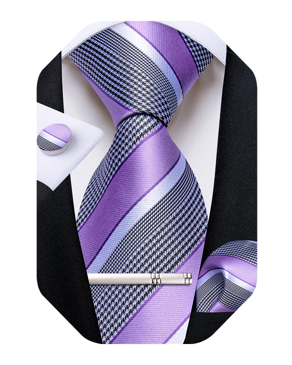 DiBanGu Mens Striped Tie Silk Woven Necktie and Pocket Square Cufflinks Tie Clip Set Wedding Business Formal Gift Tie for Men