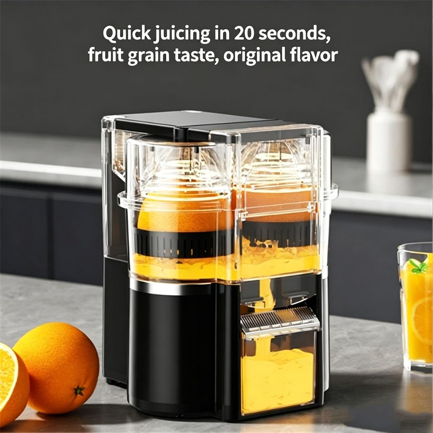 Automatic Dual Orange and Lemon Squeezer with Power Cord & Cleaning Brush, Dual-Head Automatic Citrus Juicer, Electric Orange Juicer Machine with Built-in Cutter and Cleaning Brushs (Black)