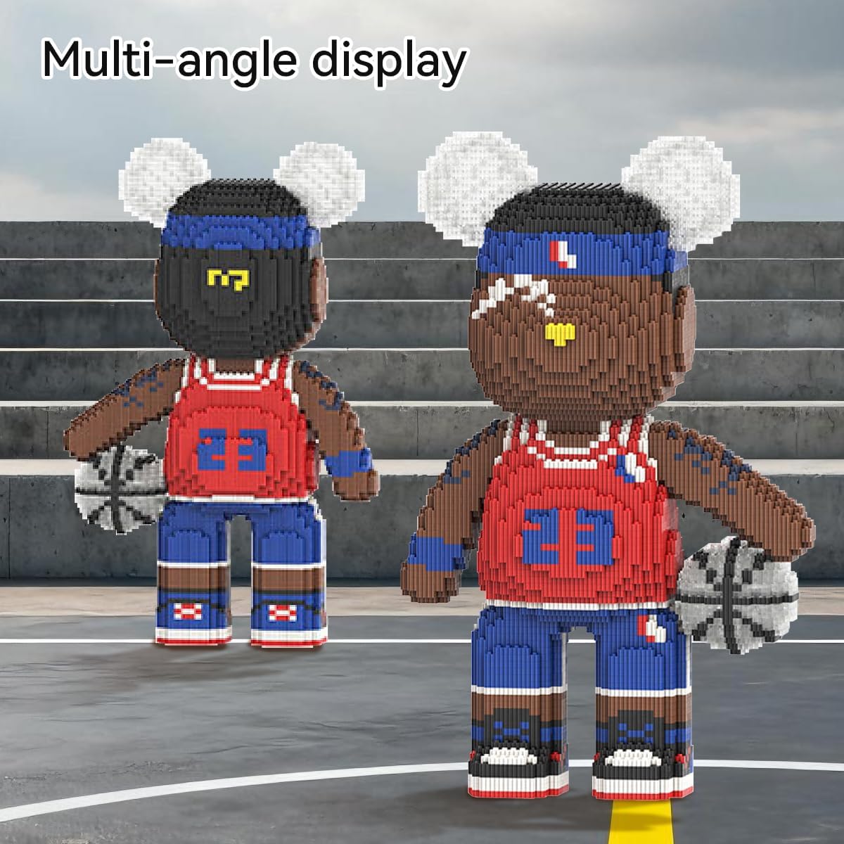 The completed DAHONPA Basketball Bear Building Blocks Set displayed in a basketball court setting.