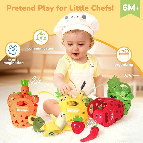 Miniatura 5 de Juguetes sensoriales para bebés, juguetes de felpa para clasificar colores de frutas y verduras de 6 a 12 meses, comida de juego de simulación con