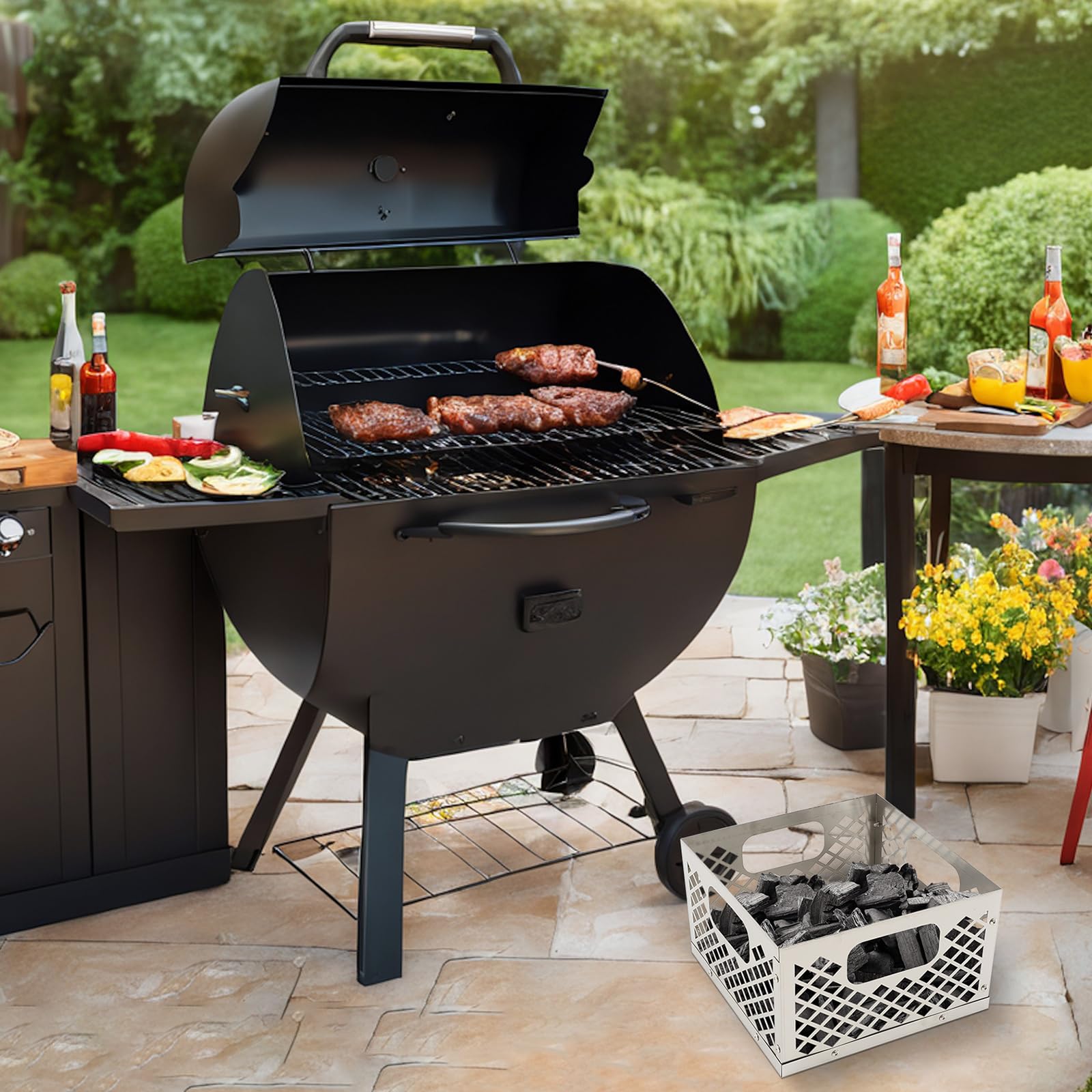 Cesta de carbón de 12 x 12 x 7.5 pulgadas para ahumador offset, cesta de fuego de acero inoxidable, caja de fuego para ahumador, barbacoa, accesorios para parrilla 5